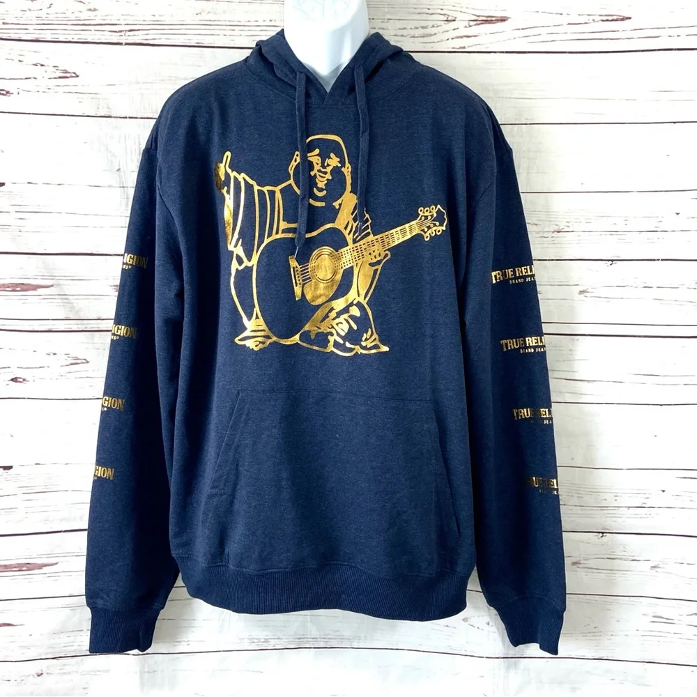 True Religion Hoodie Men’s XL Blue/Gold Logo Long Sleeve Graphic Print‎